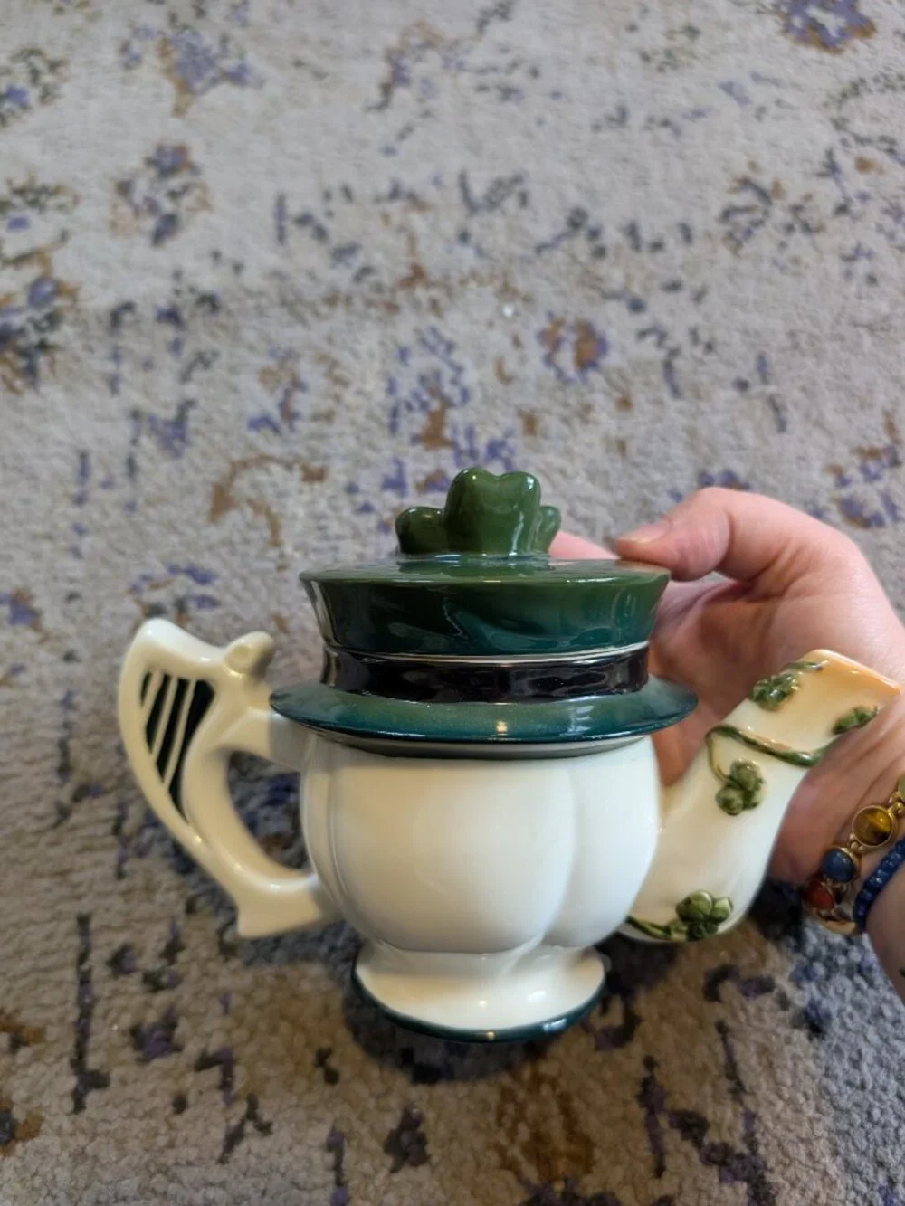 Vintage Enesco Leprechaun with Pipe Tea Pot Harp Shamrock Horseshoe Accents